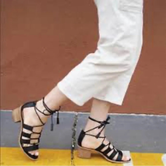 Madewell Daniela Black Leather Lace Up Gladiator Sandals‎ Strappy Block Heel 10 - Picture 1 of 10